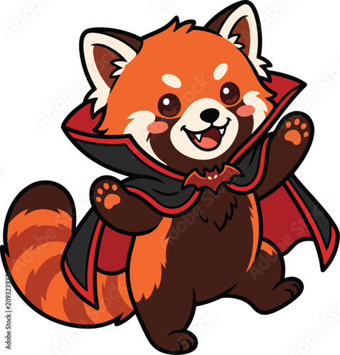 Cute cartoon red panda character wearing a spooky halloween vampire cape vector illustration
