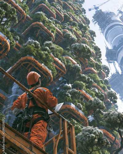 Back View Of Engineer Inspecting Vertical Forest Skyscraper