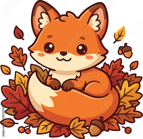 Cute autumn fox character sitting among colorful maple leaves and acorns vector illustration
