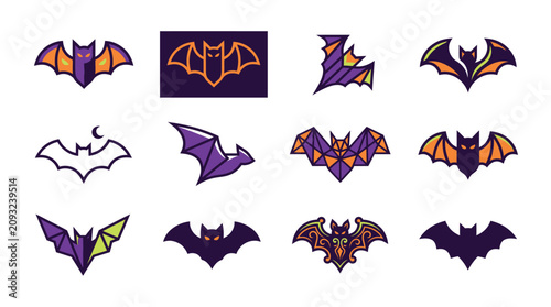 Colorful Halloween Bat Vector Collection – Flying Bat Icons, Stickers, Logos and Geometric Bat Set, Halloween Bat Sticker and Logo Collection with Colorful Flying Bat Vector Pack, 