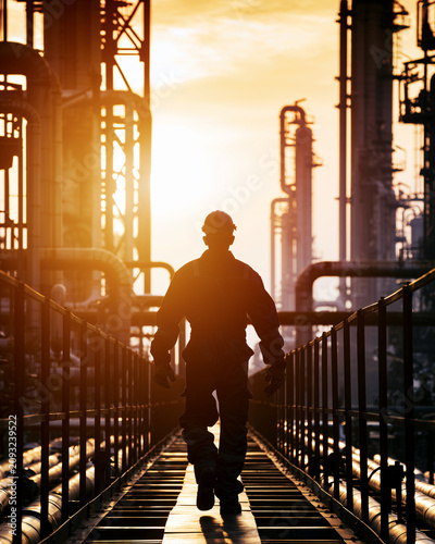 Silhouette Of Refinery Maintenance Engineer On Industrial Walkway
