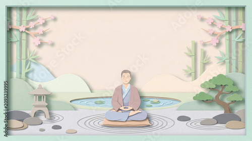 A serene Japanese garden illustration features a person meditating in a tranquil lotus position, surrounded by minimalist elements like bamboo, a stone lantern, a pond, and a bonsai tree.
