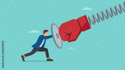 Businessman defends against giant spring-loaded boxing glove web banner and landing page illustration