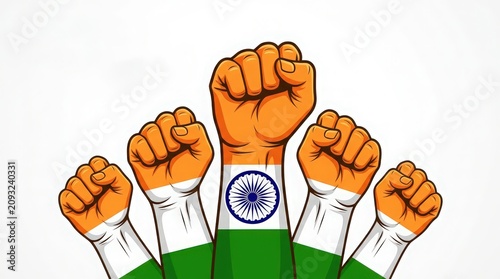 Raised fists with the indian flag colors symbolizing national pride unity and strength in a vector illustration