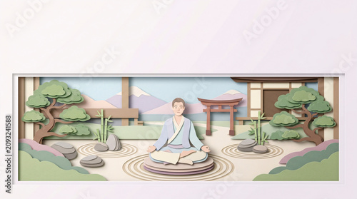 A tranquil Japanese Zen garden rendered in delicate paper art, featuring a man meditating amidst carefully raked sand, rocks, and miniature trees, creating a serene and balanced composition.