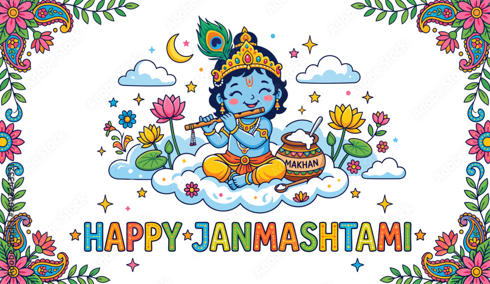 Fototapeta premium Colorful janmashtami celebration with baby krishna illustration