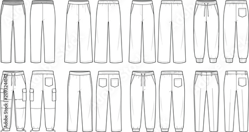 Schilderij op canvas Set of professional vector technical flat sketches for men's pants joggers and c