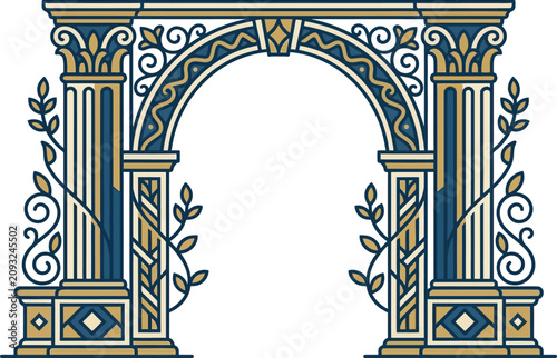 Ornate archway with corinthian columns and leaf motifs, blue and gold architectural column pillar decorative