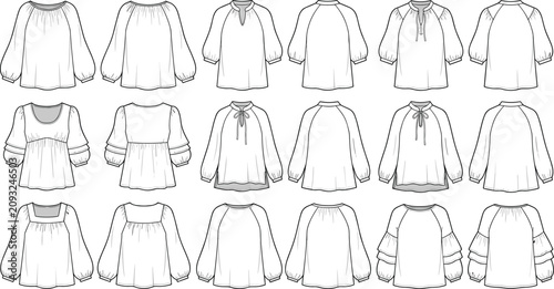 Quadro su tela Collection of women's blouse fashion technical sketches with front and back view