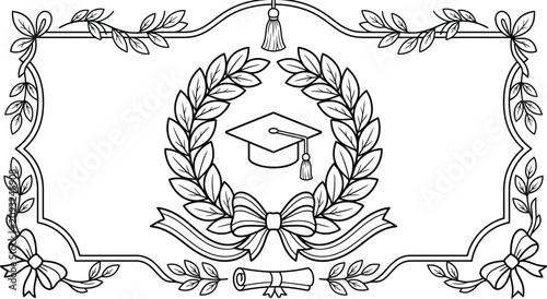Konstfotografi A comprehensive monochromatic drawing featuring a graduation mortarboard cap surrounded by a laurel wreath border