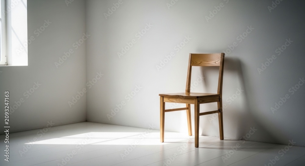 Fototapeta premium Simple wooden chair casting shadows in a sunlit, stark white room