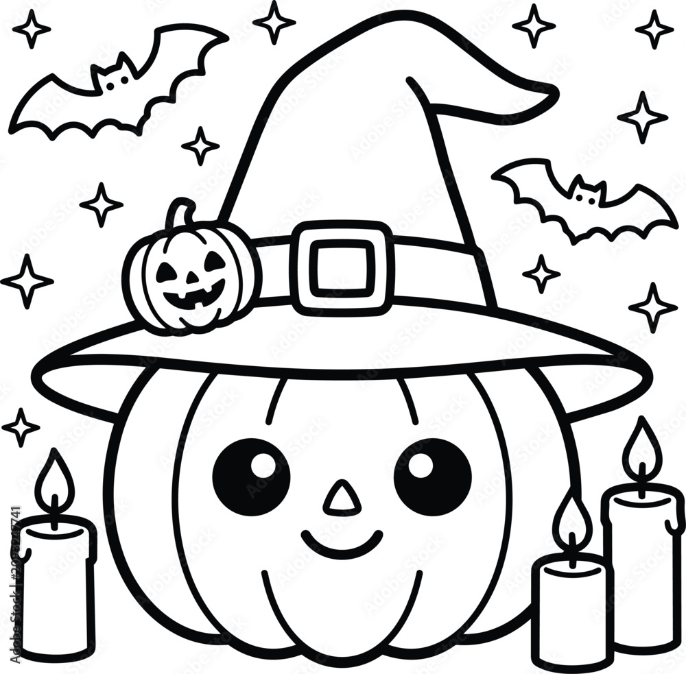 Obraz premium Cute Pumpkin Witch Halloween Coloring Page Line Art Illustration