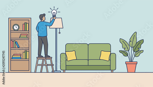 Young man standing on a wooden stepladder to replace a light bulb in a cozy modern living room with a green sofa.