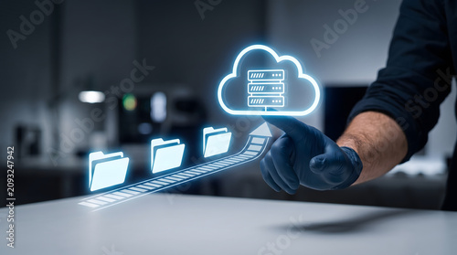 Cloud engineer managing digital cloud migration process using futuristic holographic technology interface