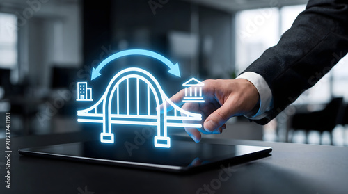 Corporate banker using holographic bridge interface for digital funding and institutional finance
