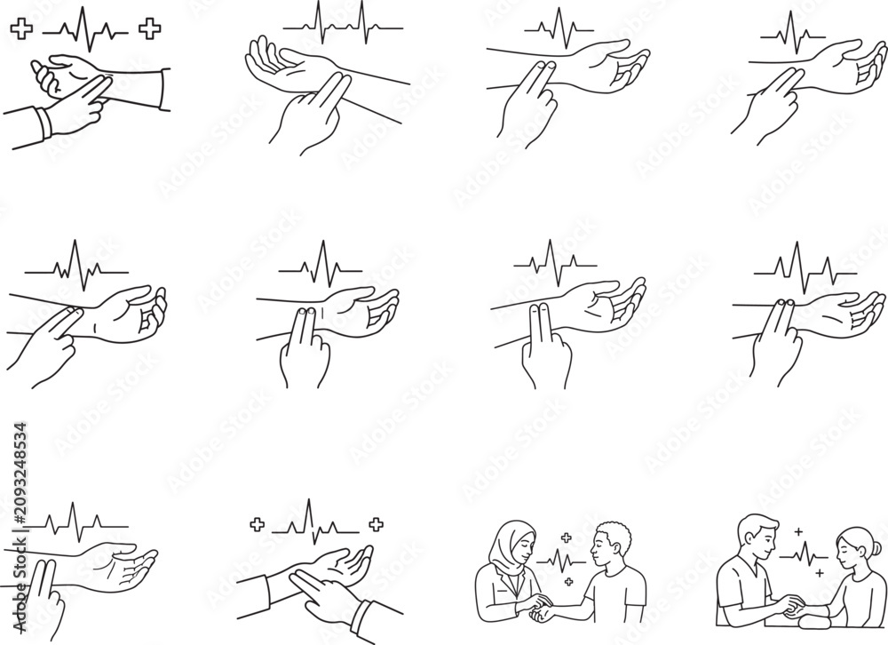 Obraz premium Diagnostic wrist pulse line icons for heartbeat, ECG, vital signs, health monitoring and medical checks.