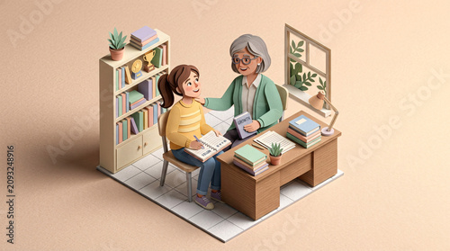 A teacher gently reassures a young student in a cozy study setting, fostering a sense of care and academic support within a charming isometric illustration.
