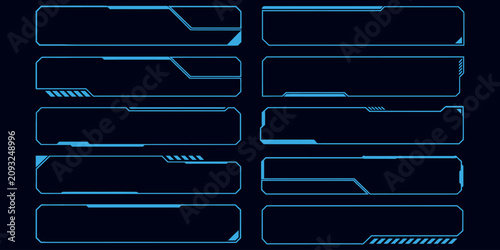 Set of futuristic blue digital lower thirds frames for broadcast video and tech interface design.