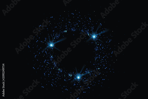 Glowing Blue Particles Scattered in Dark Cosmic Space Abstract Background