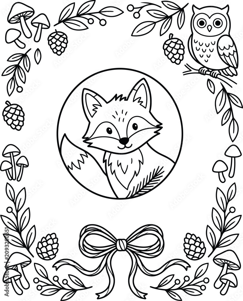 Fototapeta premium A cute fox surrounded by a woodland themed border featuring mushrooms, pinecones, an owl, and a embellishing ribbon for coloring fun.