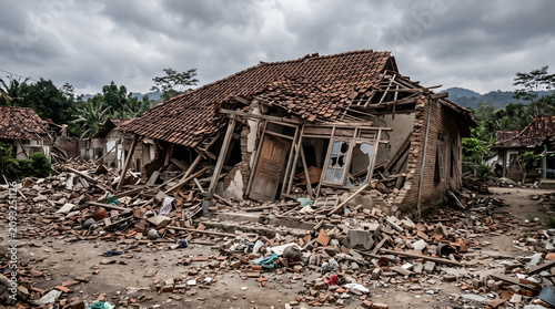 Destroyed residential house after a devastating natural disaster