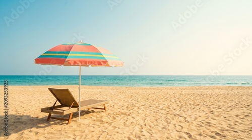Minimal beach umbrella and chair on sand