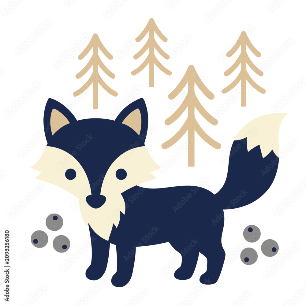 Naklejka premium Cute Fox with Trees and Berries Illustration