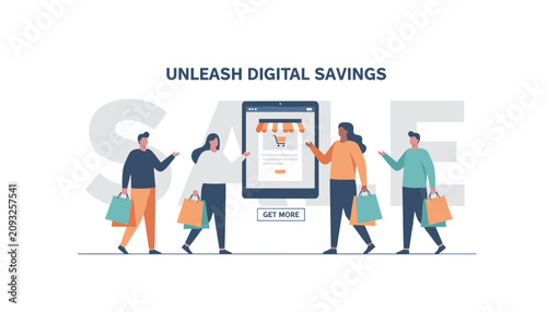 Diverse shoppers with bags standing around a large tablet showing an online shopping store, illustrating digital savings and sales.