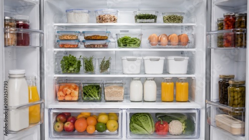 Neatly organized open refrigerator interior with shelves of fresh produce, dairy, juices, eggs, glass containers, jars and white storage bins