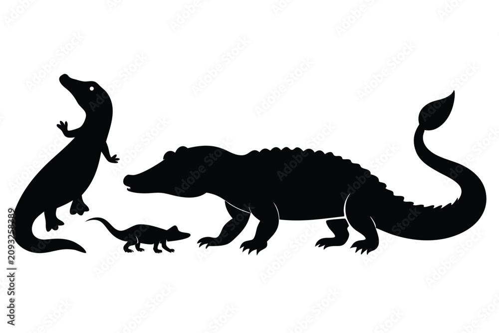 Fototapeta premium Silhouette of a crocodile family with three alligators in a clean white background