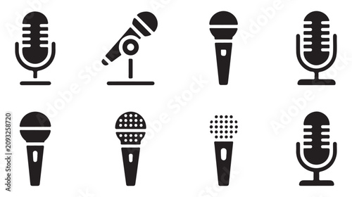 Bild auf Leinwand Professional microphone icons set for audio recording broadcast podcast and musical stage performance black vector