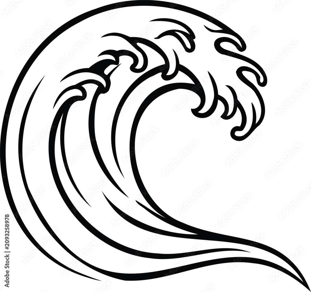 Obraz premium Stylized black and white ocean wave line art illustration in Japanese tattoo style.
