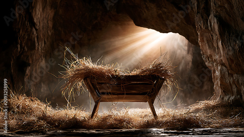 A serene nativity scene in a humble rocky cave, a wooden manger filled with hay, a warm golden light emanating from the manger and illuminating the surrounding stone walls, a soft glowing halo, a peac