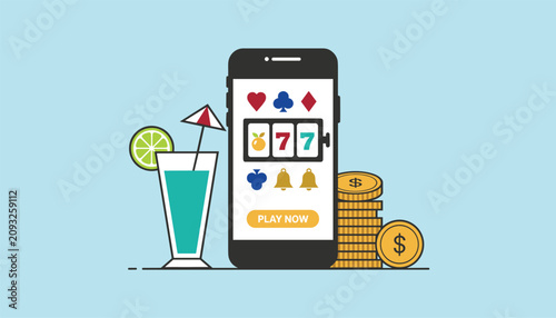 Mobile casino gambling concept showing online slot machine game on smartphone screen beside stacked gold coins and cocktail.