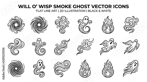 Photos Will o wisp smoke and ghost minimalist line art icon set