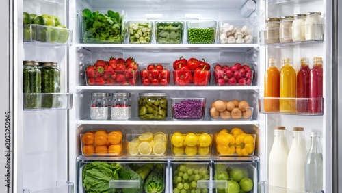 Neatly organized, fully stocked refrigerator with fresh fruits, vegetables, jars, bottles and eggs arranged in clear containers