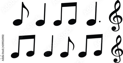 Bild auf Leinwand Musical Notes and Treble Clef Icon Set Featuring Black Music Symbols for Sheet M
