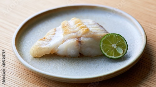 sudachi. A thin slice of green sudachi citrus beside grilled fish on a ceramic plate. menu design, packaging mockups, designed for culinary blogs and recipe cards for restaurants.