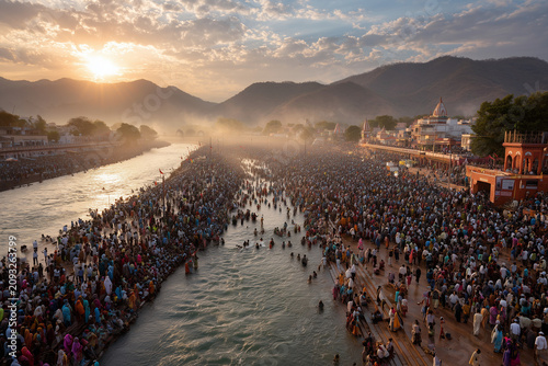 Devotional Sawan and Kanwar Yatra concept showcasing Hindu pilgrims carrying decorated Kanwar, walking with devotion during the holy month of Sawan. The scene represents faith, spirituality, Lord Shiv