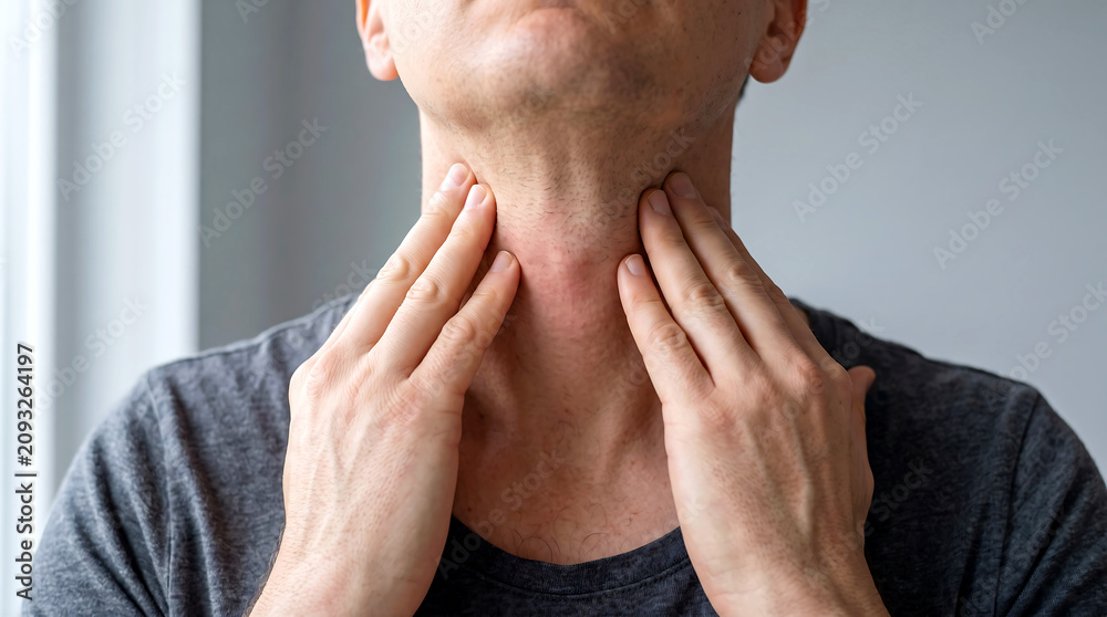 Naklejka premium Close up portrait of a man touching his neck to examine his thyroid gland with his fingers while wearing a grey shirt in a bright room with soft natural lighting.
