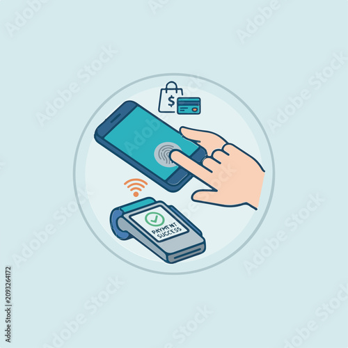 A person is making a contactless payment using a smartphone and a credit card. The smartphone displays a shopping bag icon, indicating a purchase.
