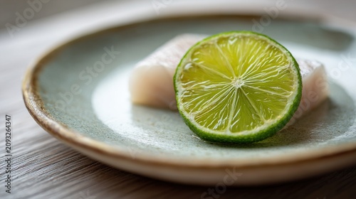 sudachi. A thin slice of green sudachi citrus beside grilled fish on a ceramic plate. menu design, packaging mockups, designed for culinary blogs and recipe cards for restaurants.