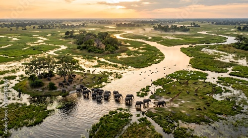 Golden Awakening: Aerial View of Wildlife and Winding Waterways in the Okavango Delta
