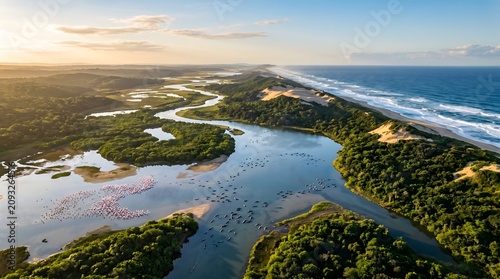 Coastal Confluence: Breathtaking Sunrise Aerial View of iSimangaliso’s Lush Wetlands, Coastal Dunes, and Indian Ocean Shoreline Alive with Flamingos and Hippos