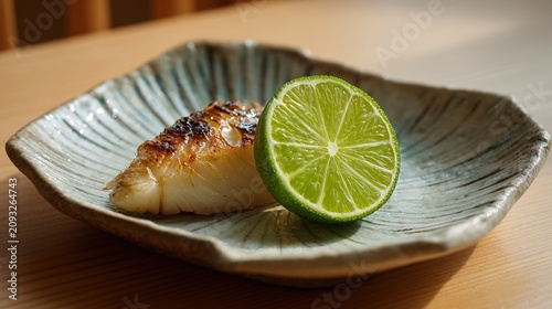 sudachi. A thin slice of green sudachi citrus beside grilled fish on a ceramic plate. menu design, packaging mockups, designed for culinary blogs and recipe cards for restaurants.