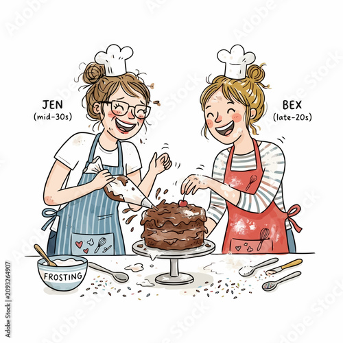 фотографія Two women, Jen and Bex, joyfully decorating chocolate cake together in a messy kitchen