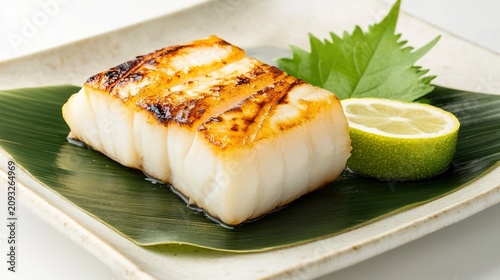sudachi. A thin slice of green sudachi citrus beside grilled fish on a ceramic plate. menu design, packaging mockups, designed for culinary blogs and recipe cards for restaurants.