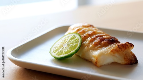 sudachi. A thin slice of green sudachi citrus beside grilled fish on a ceramic plate. menu design, packaging mockups, designed for culinary blogs and recipe cards for restaurants.