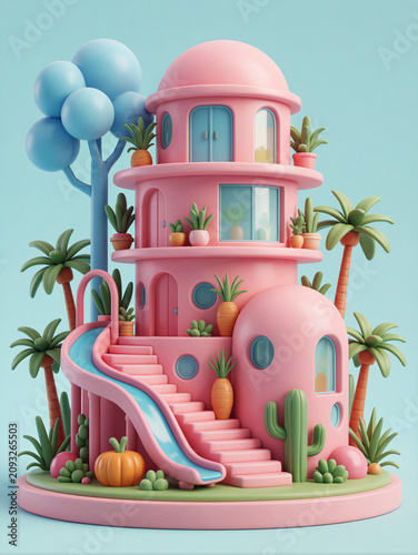 Pink House with Slide and Tropical Plants 3D Cartoon Illustration