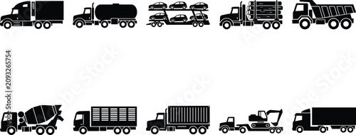Obraz na płótnie Collection of industrial truck silhouettes featuring cargo transport constructio